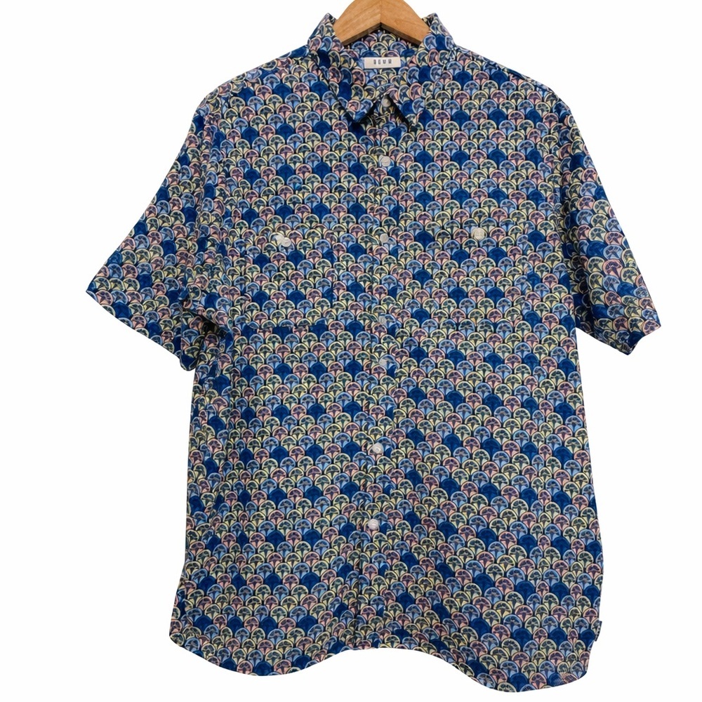 ROWM Men’s XL Cotton Button Down Shirt Blue Geometric Fan Print Short Sleeve